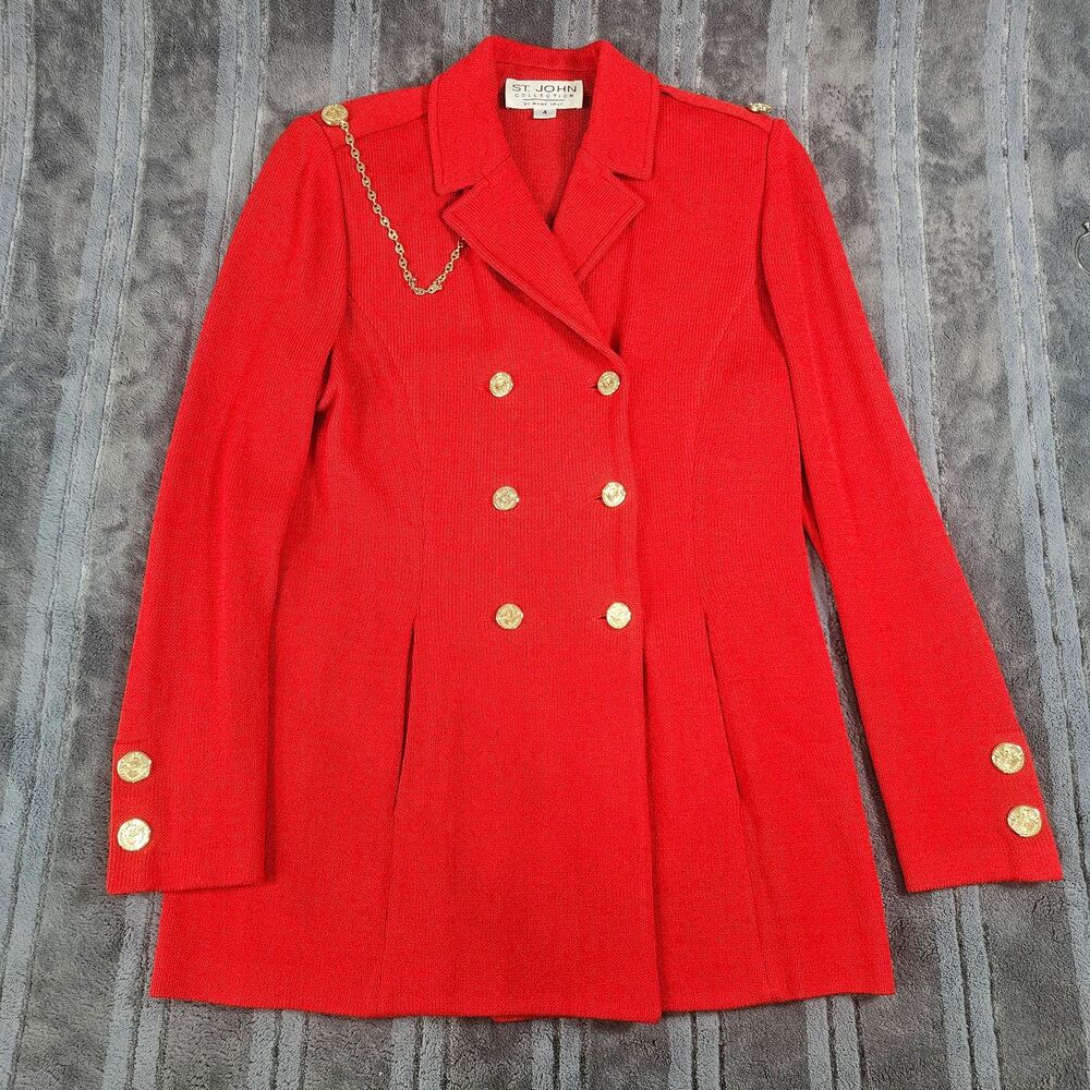 Vintage St. John Marie Gray Red Double Breasted Blazer with Gold Chain Detail 4